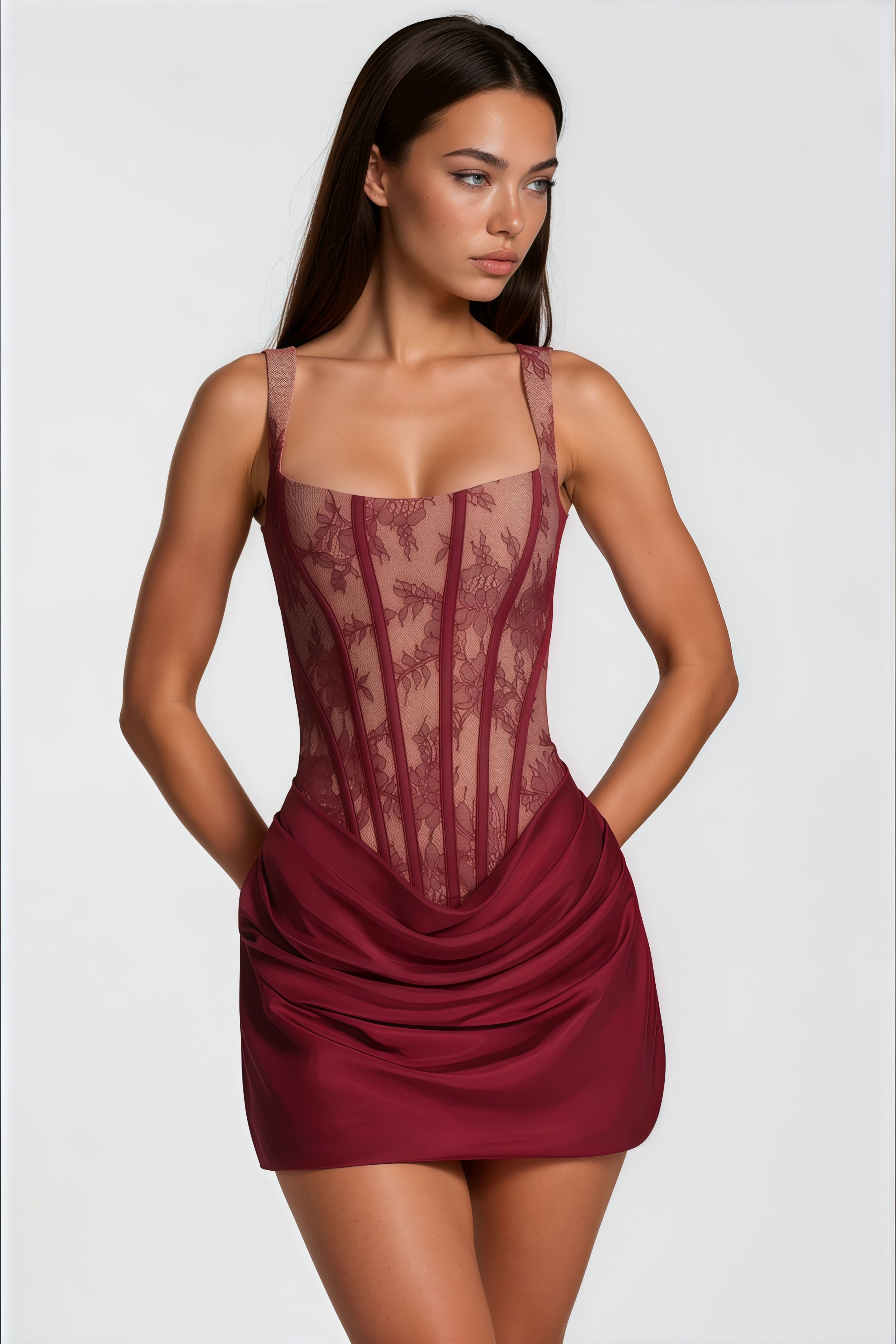Olesya Red Ruched Mini Dress with Lace Panels