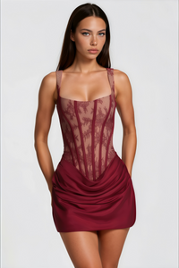 Olesya Red Ruched Mini Dress with Lace Panels