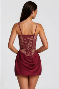 Olesya Red Ruched Mini Dress with Lace Panels
