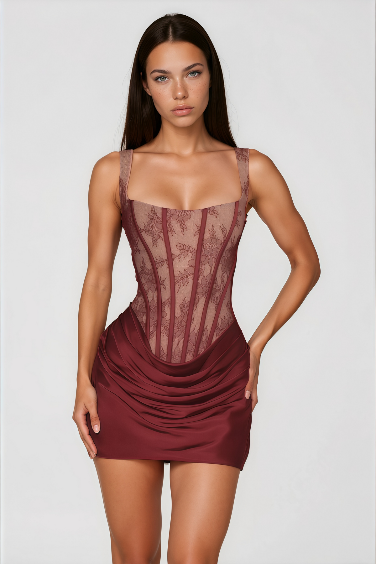 Olesya Red Ruched Mini Dress with Lace Panels