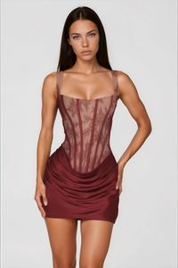 Olesya Red Ruched Mini Dress with Lace Panels