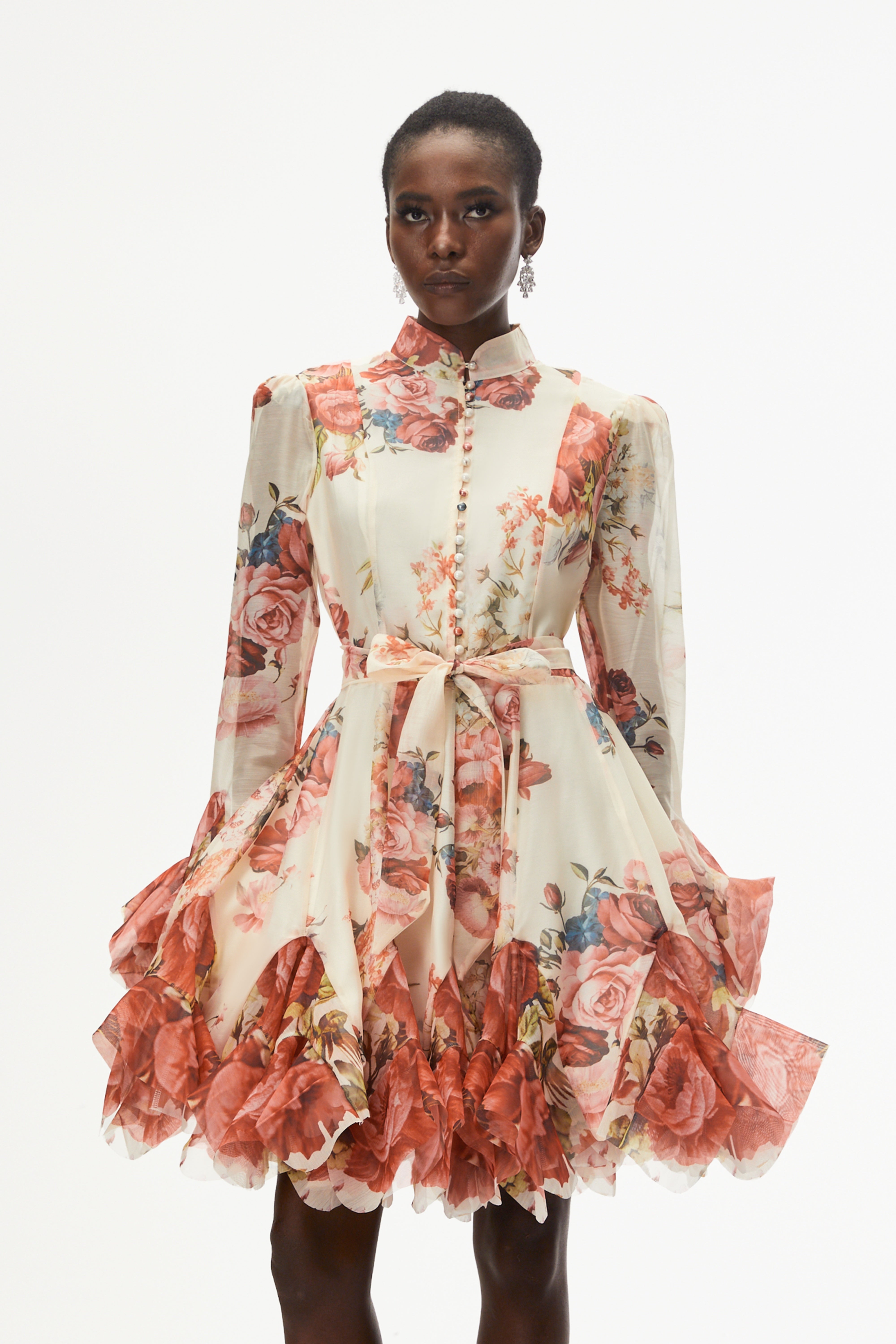 Omphale Cream Floral Lace Mini Dress with Tie-Front