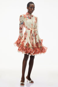 Omphale Cream Floral Lace Mini Dress with Tie-Front