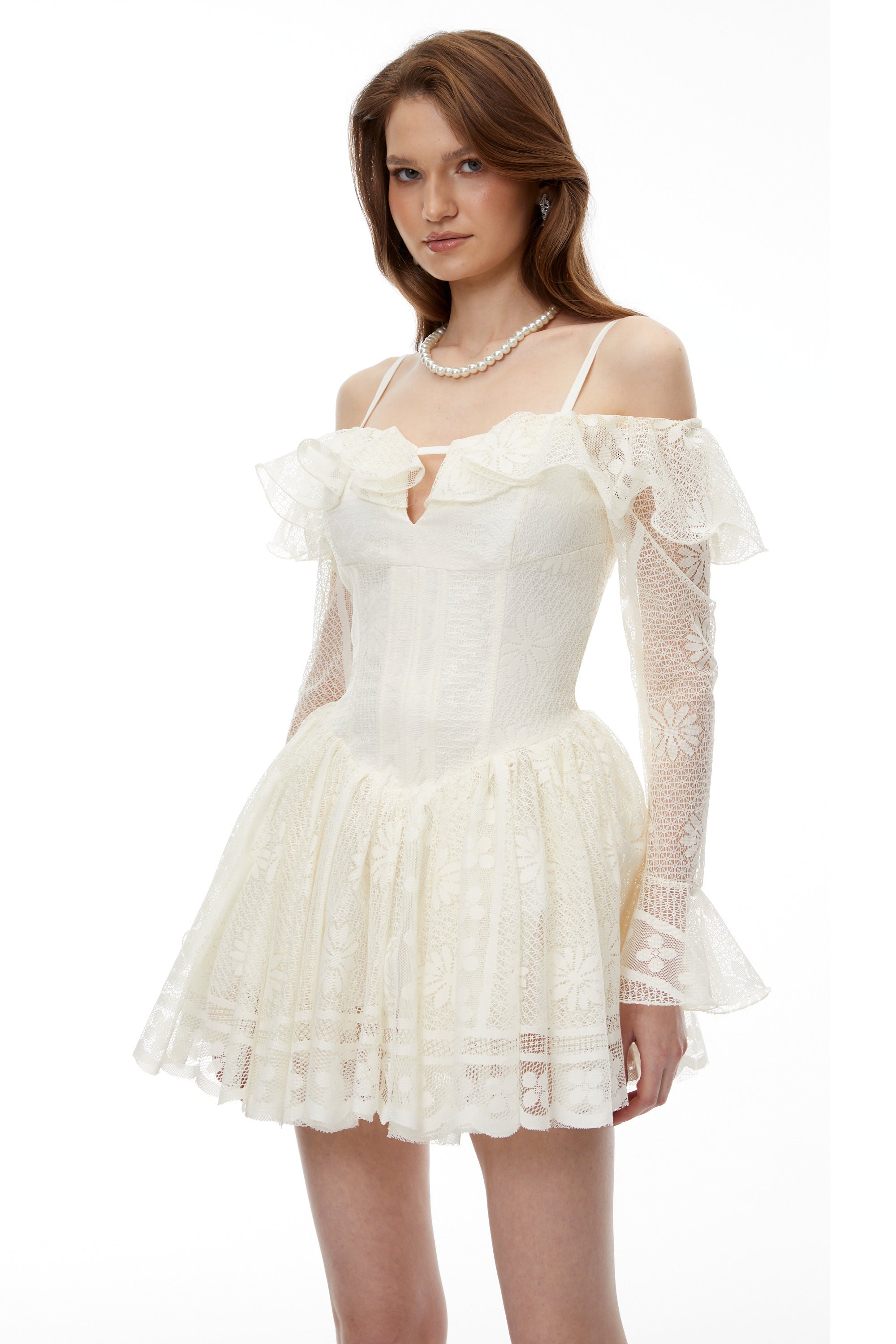 Omphale Neutral Floral Lace Ruffled Mini Dress