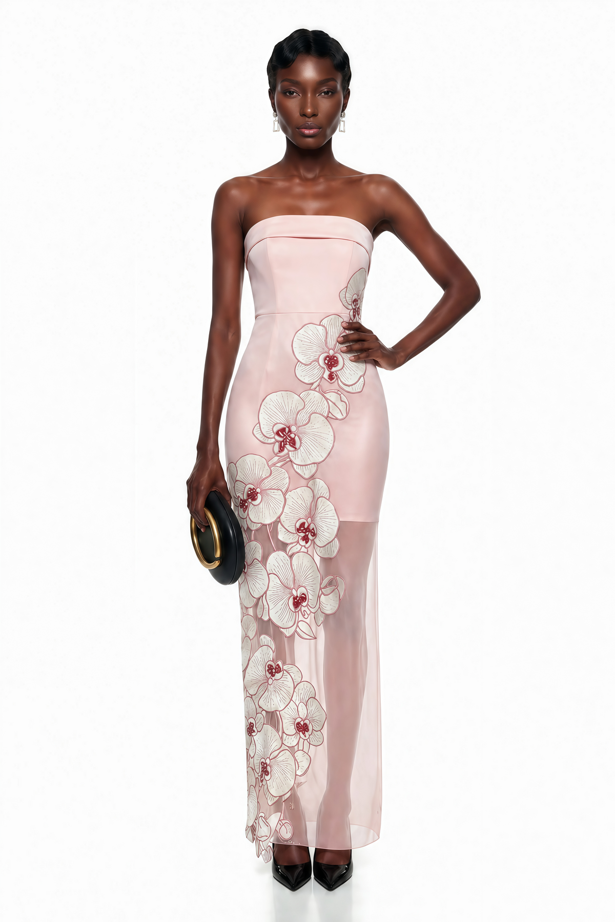 Ondina Pink Semi-Sheer Maxi Dress with Floral Applique