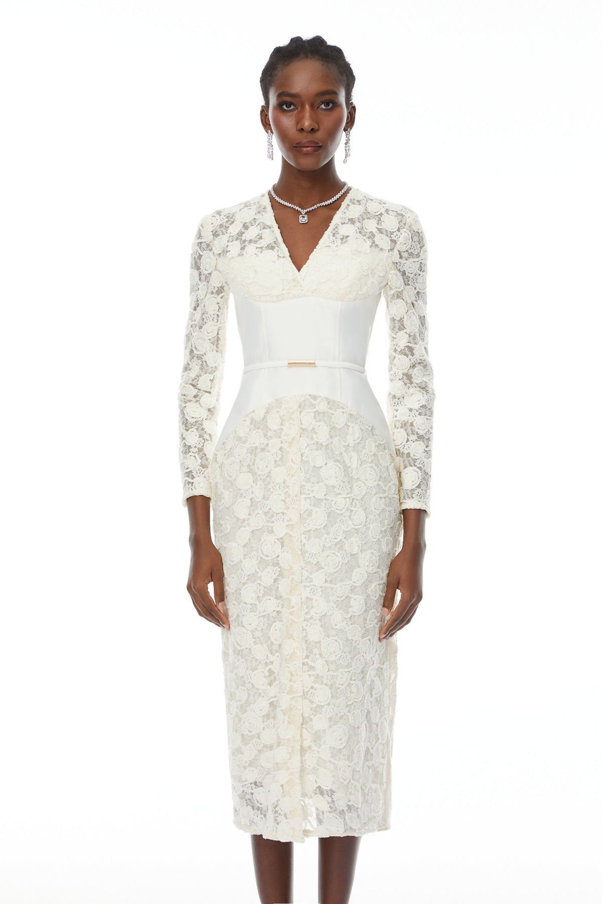 Oona White Floral Lace Pencil Midi Dress