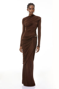 Ortensia Brown Embellished Ruched Maxi Dress