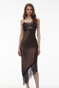 Orli Brown Satin Maxi Dress with Lace Panels