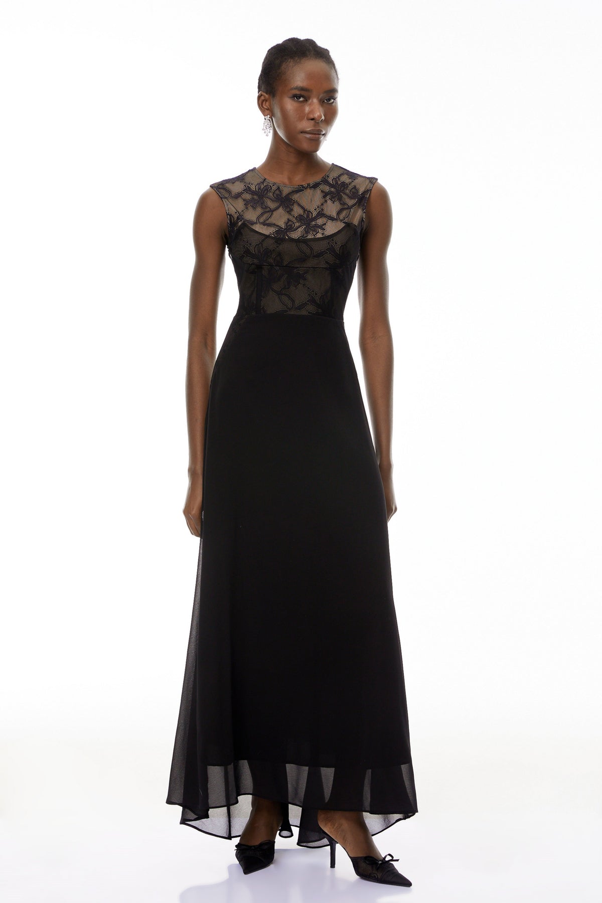 Ottilie Black Lace Panel Asymmetrical Maxi Dress