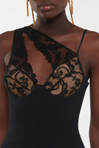 Capucine Black Lace Panel Asymmetrical Midi Dress