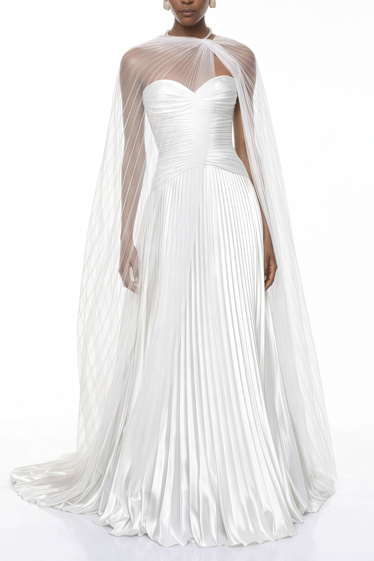 Palesa White Pleated Glossy Maxi Dress & Cape Set