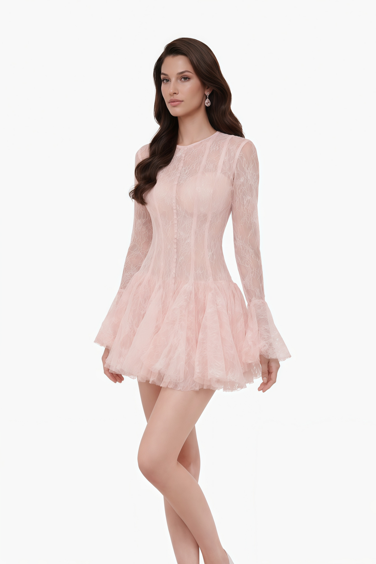 Pamela Pink Ruffled Mini Dress with Lace Panels