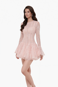 Pamela Pink Ruffled Mini Dress with Lace Panels