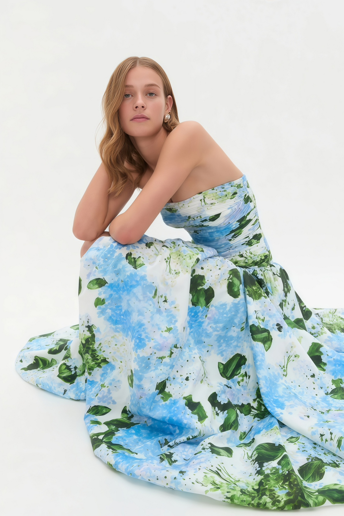 Parastoo Blue Hydrangea Floral Print Pleated Maxi Dress