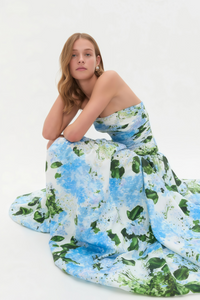 Parastoo Blue Hydrangea Floral Print Pleated Maxi Dress