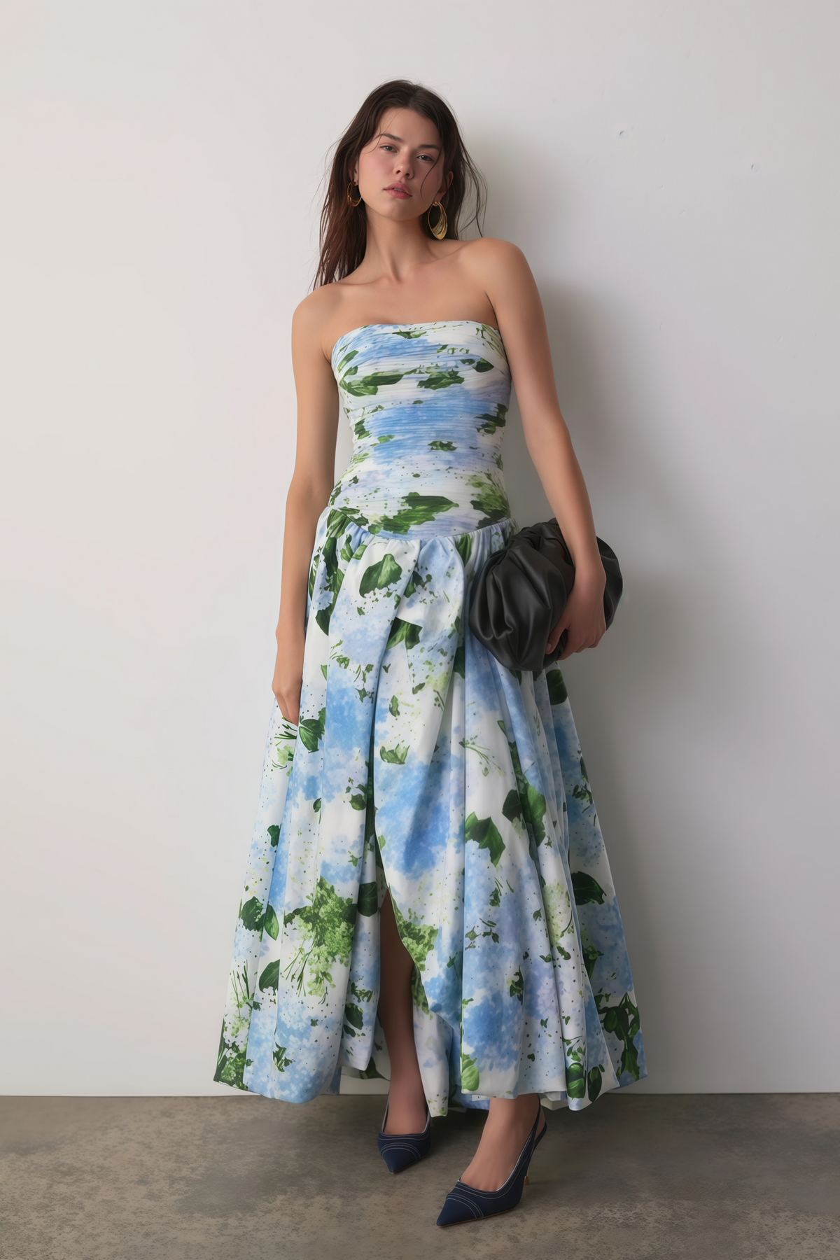 Parastoo Blue Hydrangea Floral Print Pleated Maxi Dress