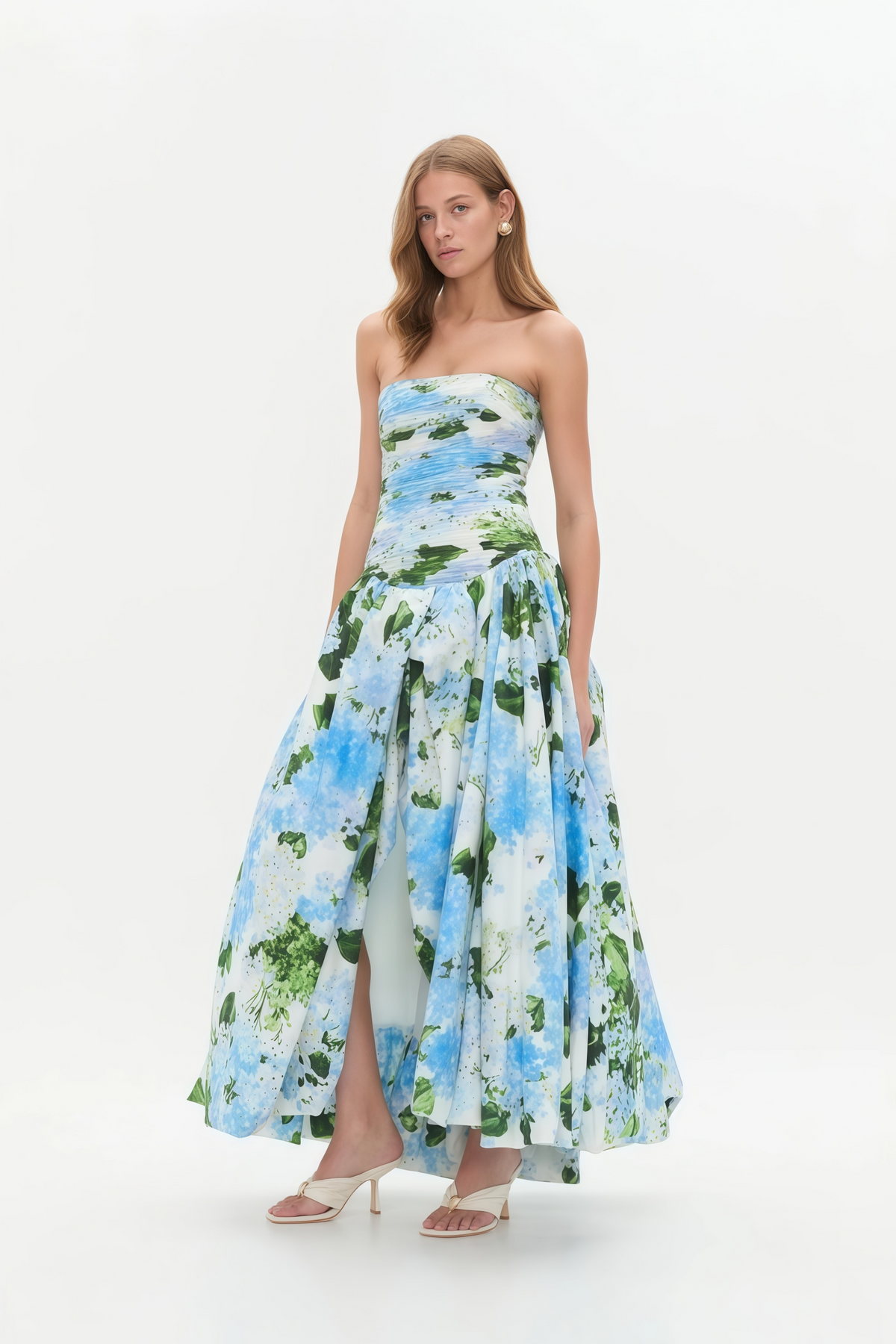Parastoo Blue Hydrangea Floral Print Pleated Maxi Dress