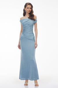Paula Dusty Blue Asymmetrical Ruched Maxi Dress