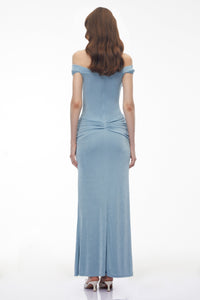 Paula Dusty Blue Asymmetrical Ruched Maxi Dress