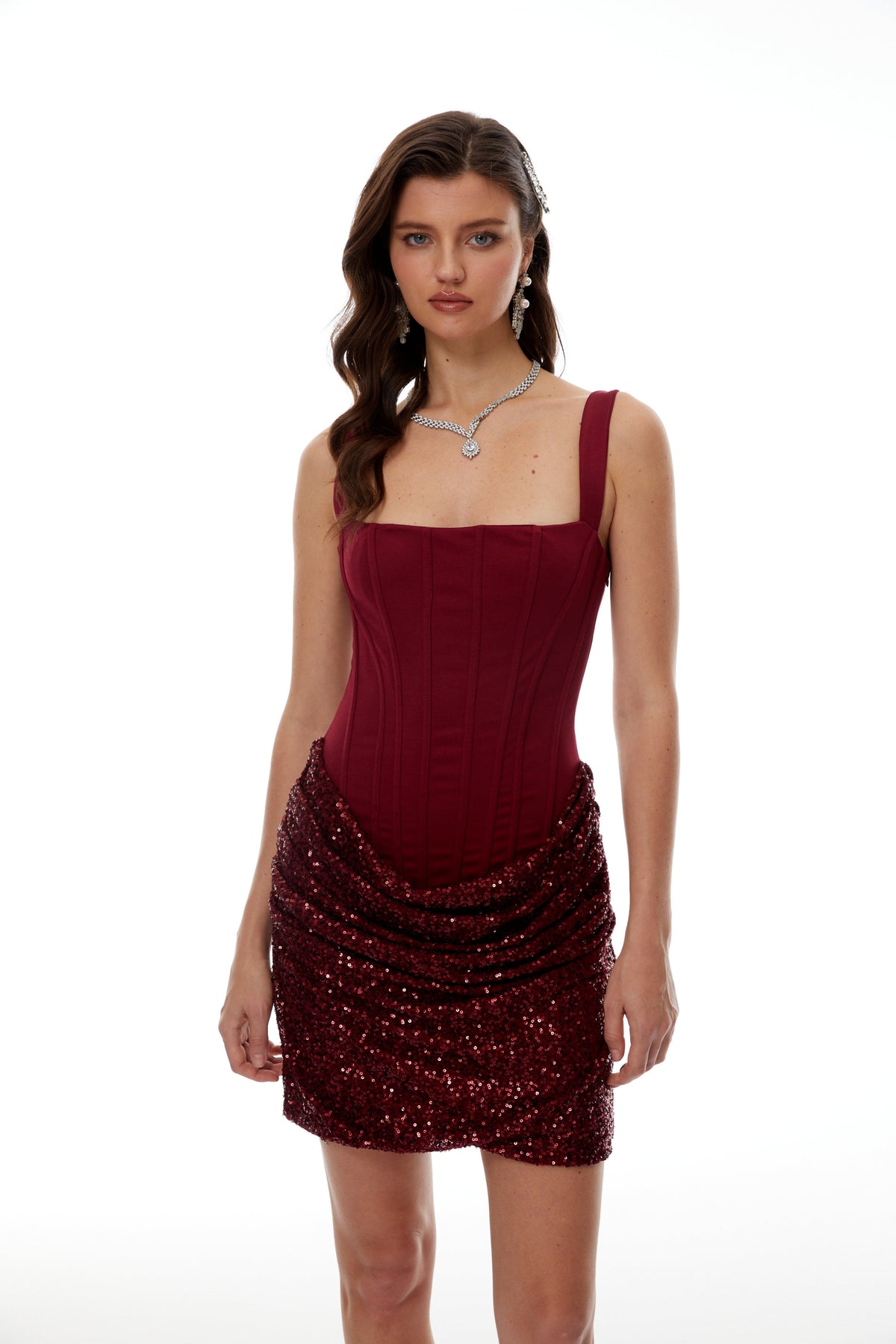 Paulette Red Embellished Ruched Bodycon Mini Dress