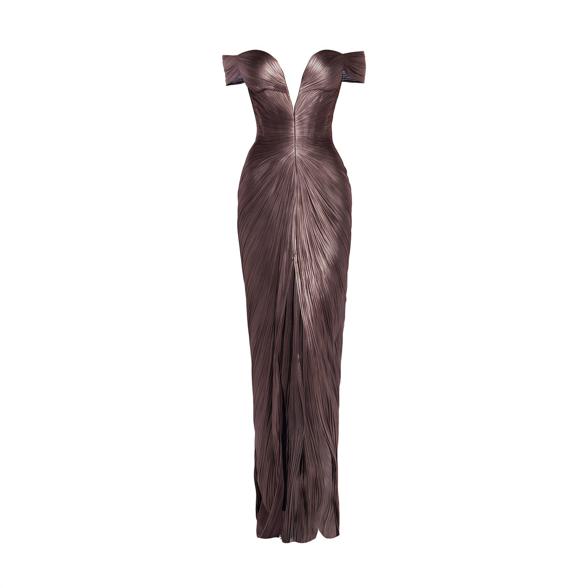Pérola Bronze Gold Metallic Off Shoulder Maxi Dress