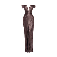 Pérola Bronze Gold Metallic Off Shoulder Maxi Dress