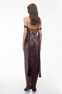 Pérola Bronze Gold Metallic Off Shoulder Maxi Dress