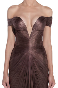 Pérola Bronze Gold Metallic Off Shoulder Maxi Dress