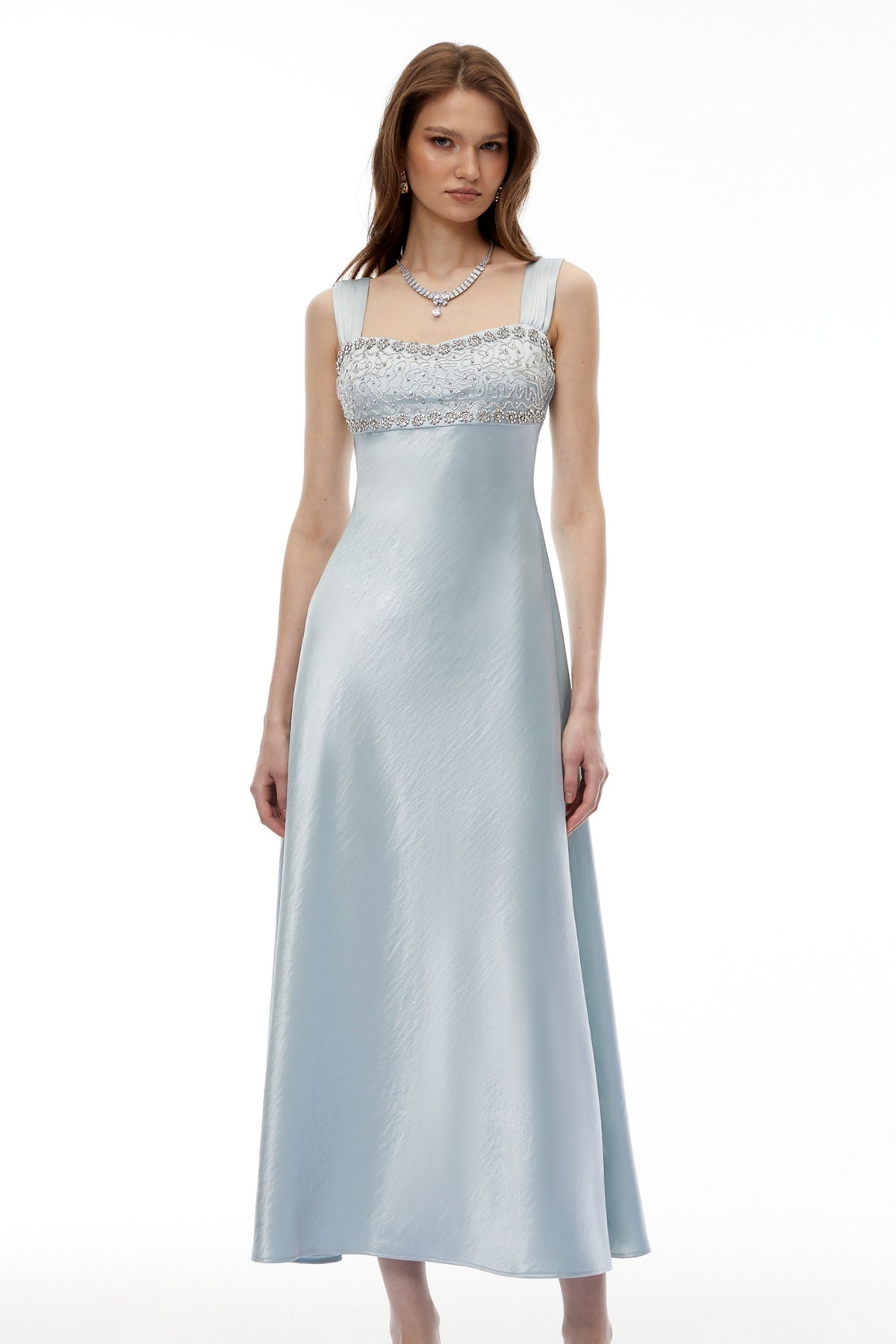 Perrine Cobalt Blue Embellished Satin Midi Dress