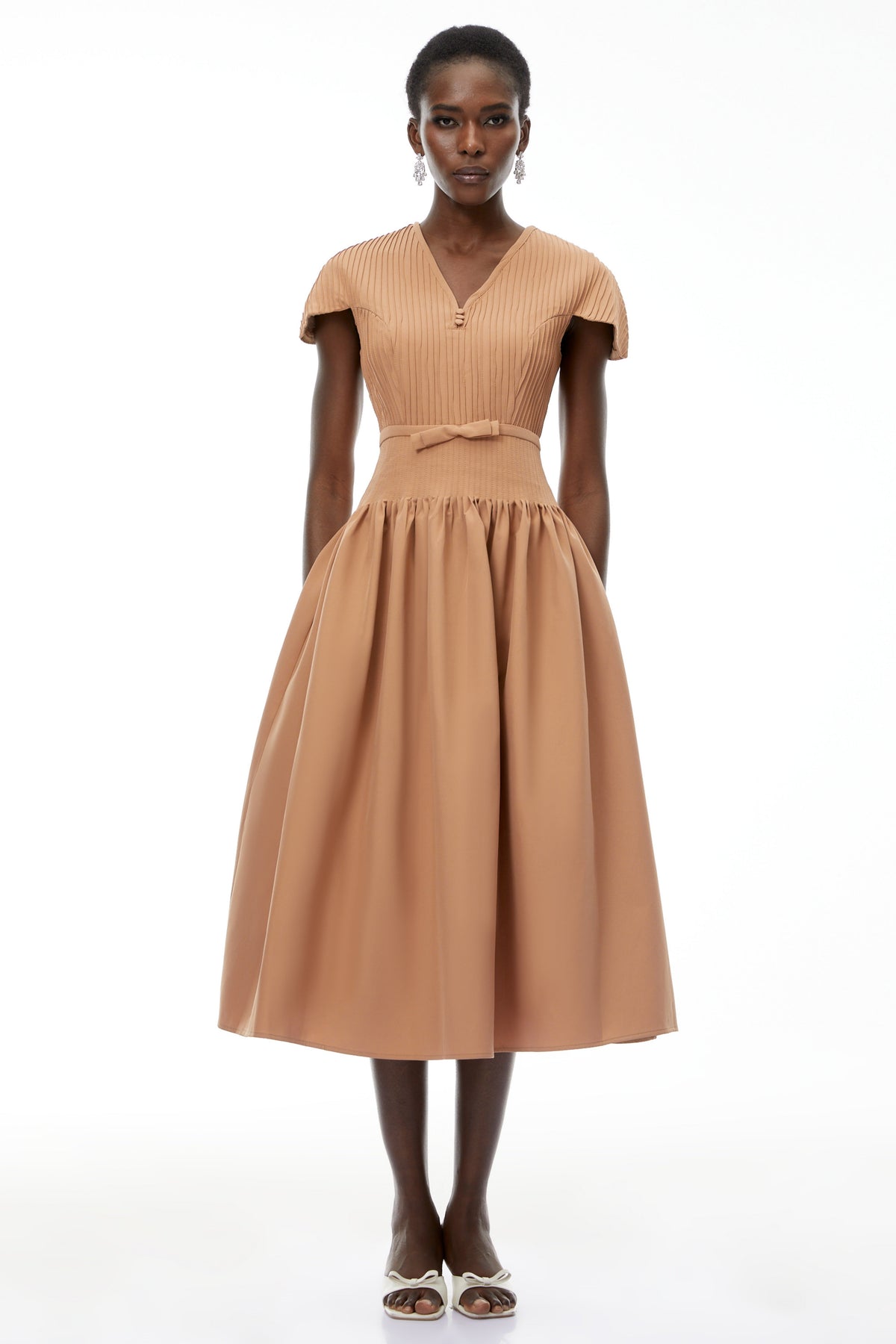 Phoebe Khaki Pleated Midi Dress with V-Neck