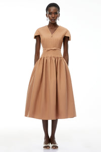 Phoebe Khaki Pleated Midi Dress with V-Neck