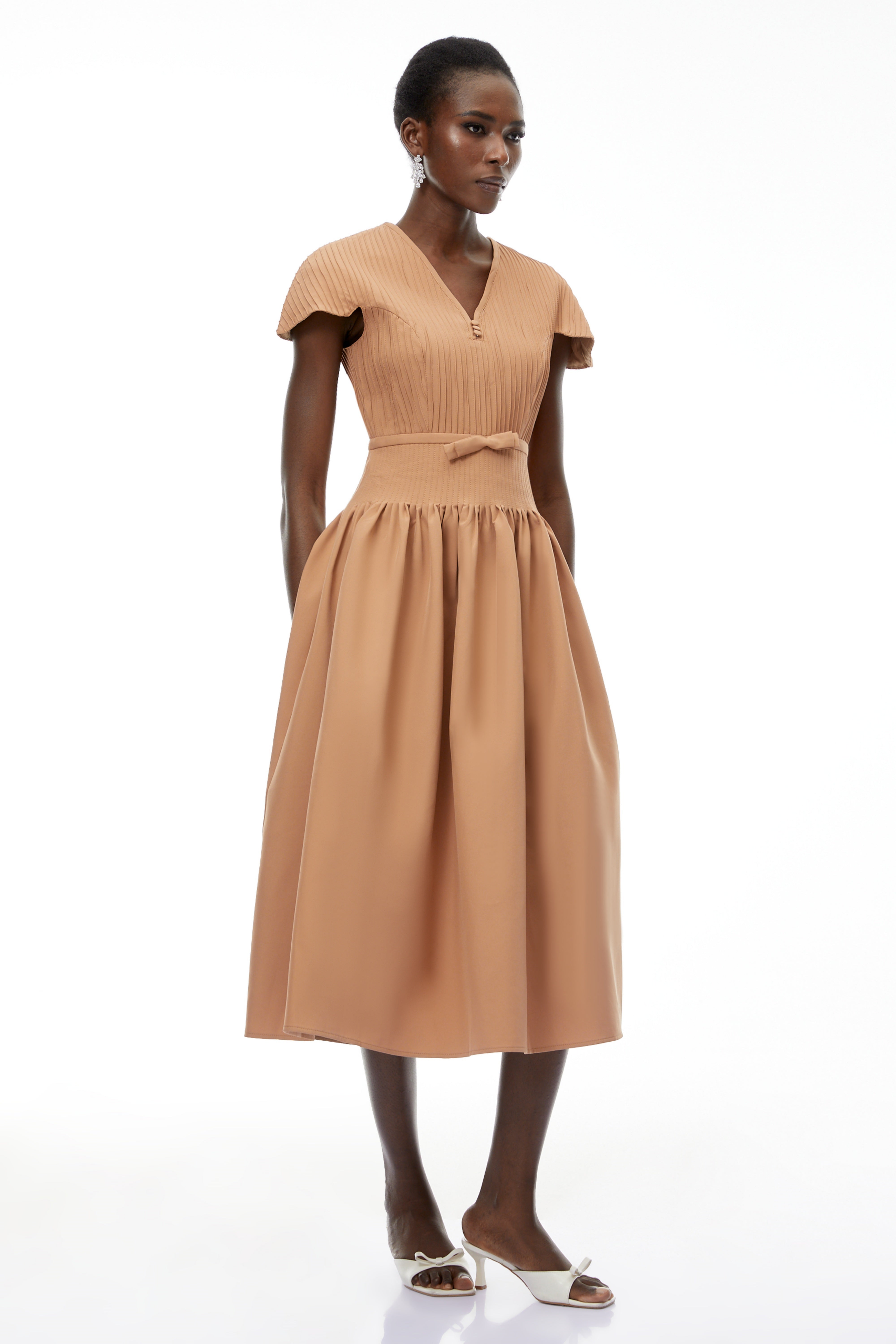 Phoebe Khaki Pleated Midi Dress with V-Neck