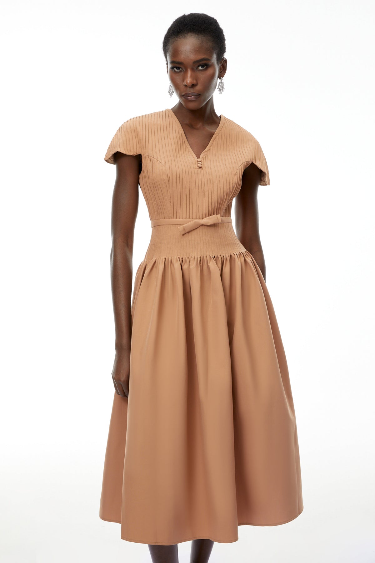 Phoebe Khaki Pleated Midi Dress with V-Neck