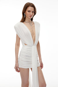 Phoebe White Plunge Neck Bodycon Dress with Bow