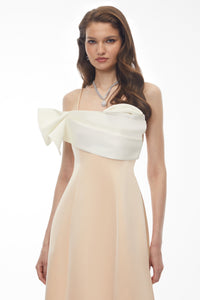 Phoenix Champagne Off Shoulder Draped Floral Midi Dress