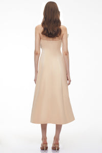 Phoenix Champagne Off Shoulder Draped Floral Midi Dress