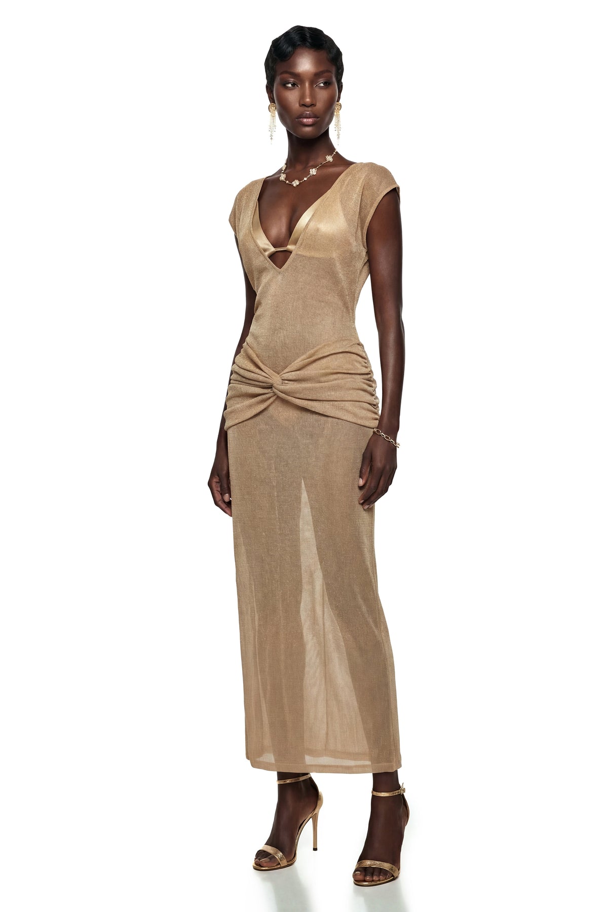 Pihla Gold Plunge Neck Glitter Maxi Dress