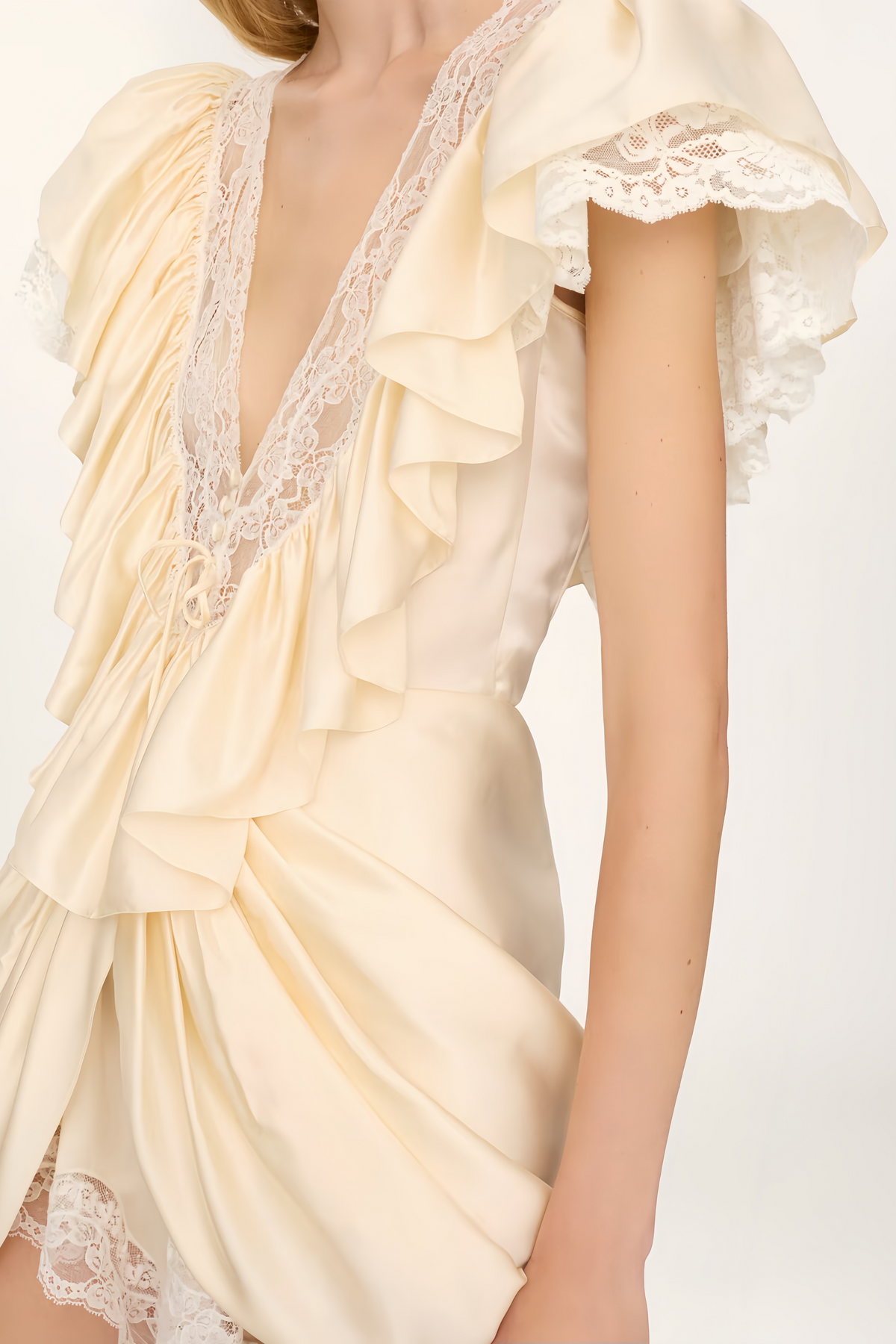 Nani Cream Plunge Neck Satin Jumpsuit with Lace Panels