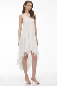 Qadesh White Floral Lace Sleeveless Midi Dress