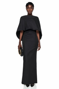Querubina Black Draped Cape Ruched Maxi Dress