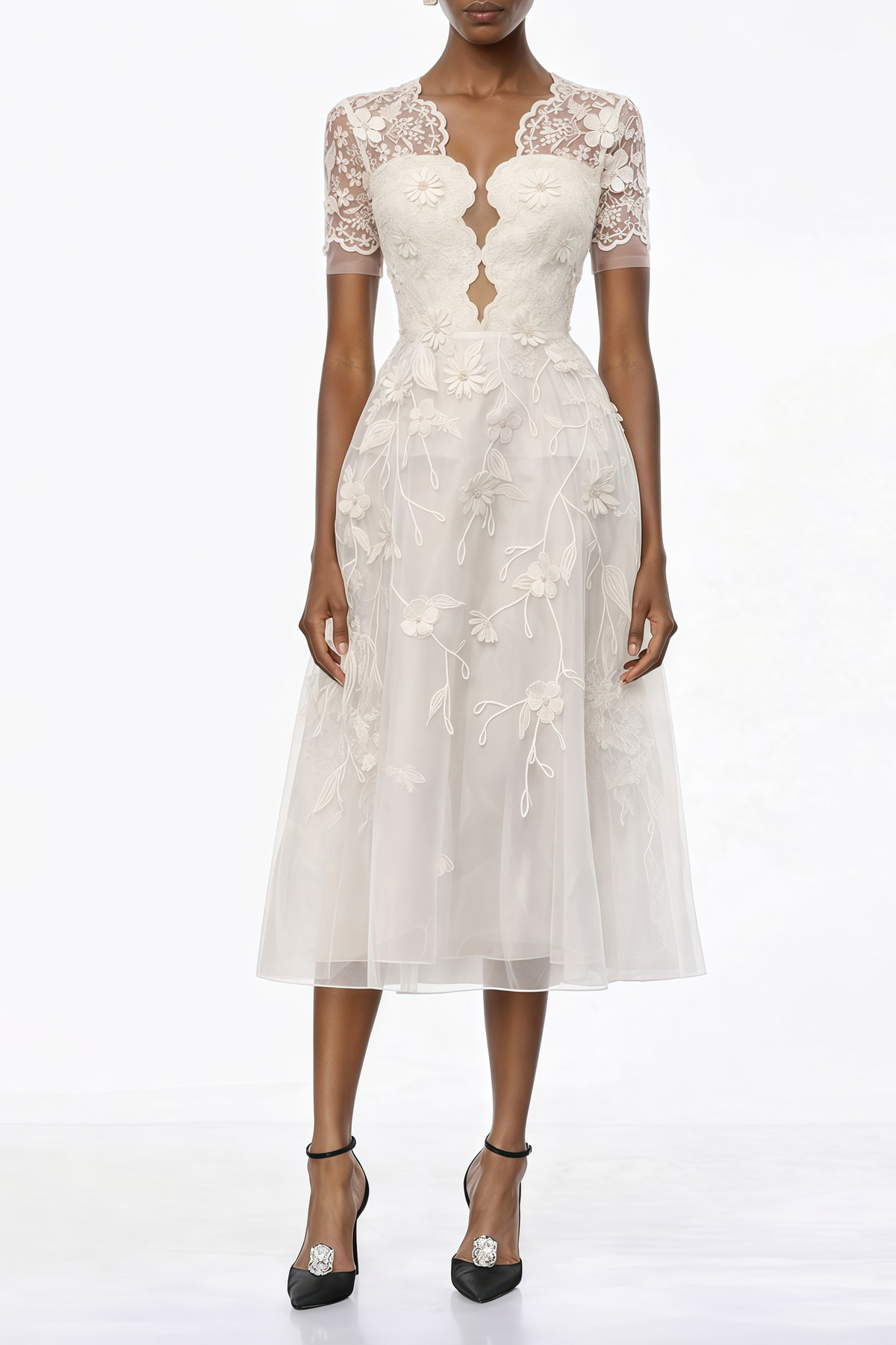 Quetz White Midi Dress with 3D Petals