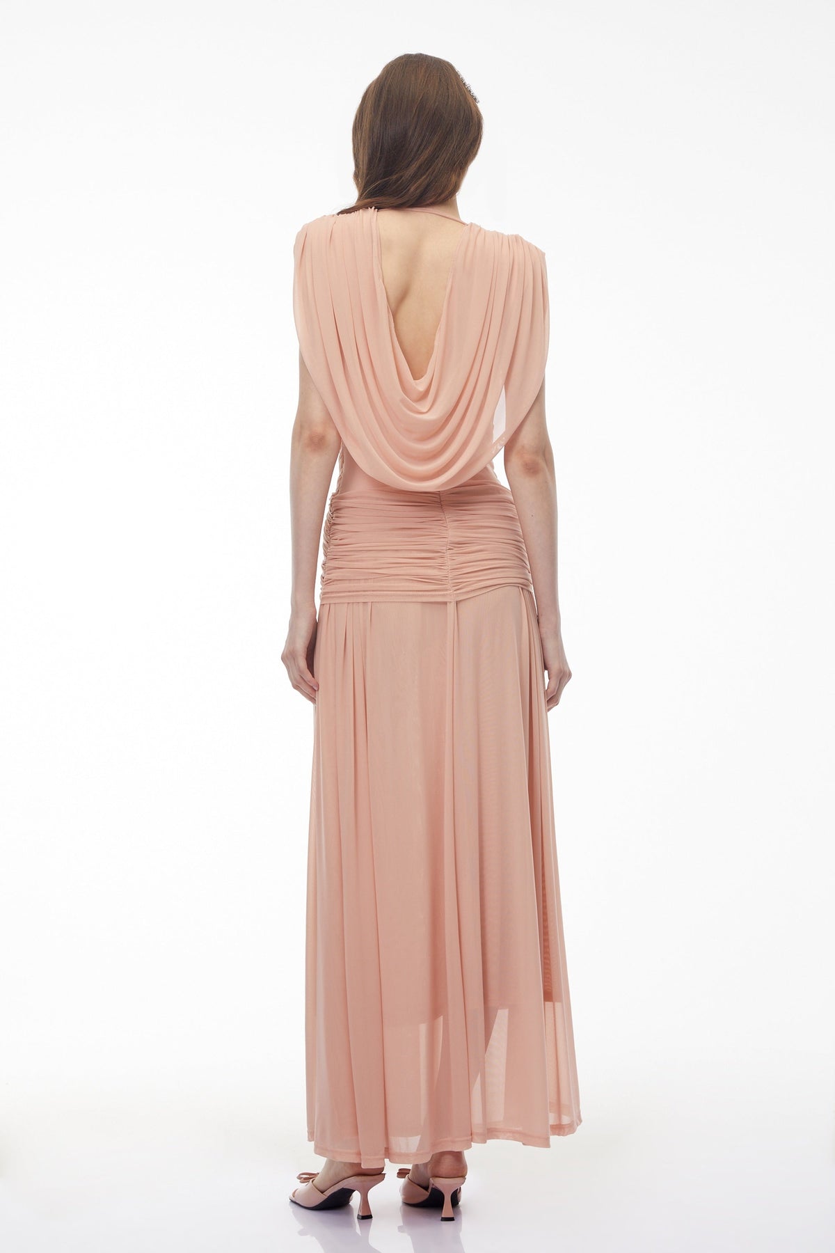 Quiana Blush Pink V-Neck Cross Front Ruched Maxi Dress