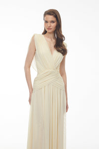 Quiana Butter Yellow V-Neck Cross Front Ruched Maxi Dress