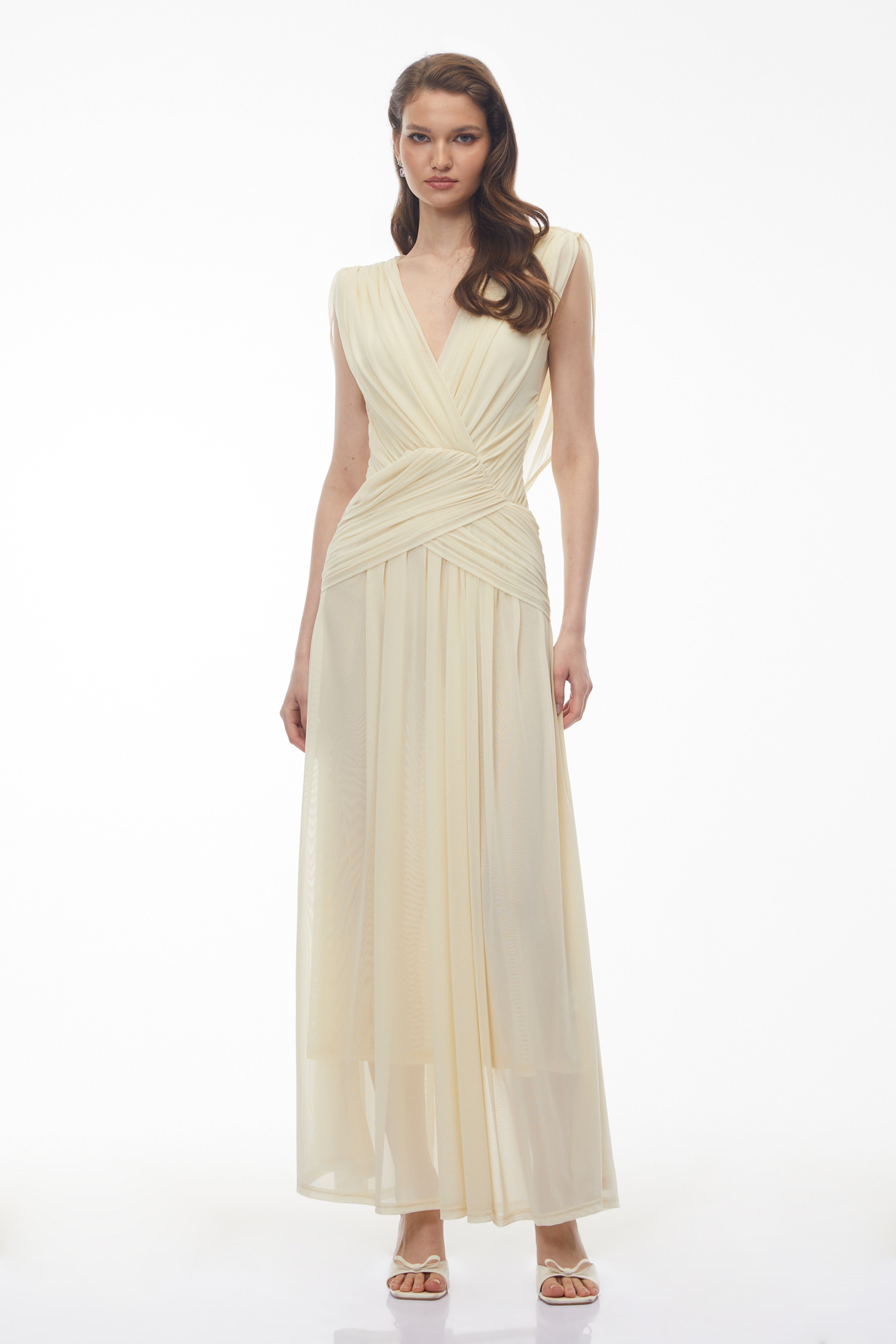 Quiana Butter Yellow V-Neck Cross Front Ruched Maxi Dress