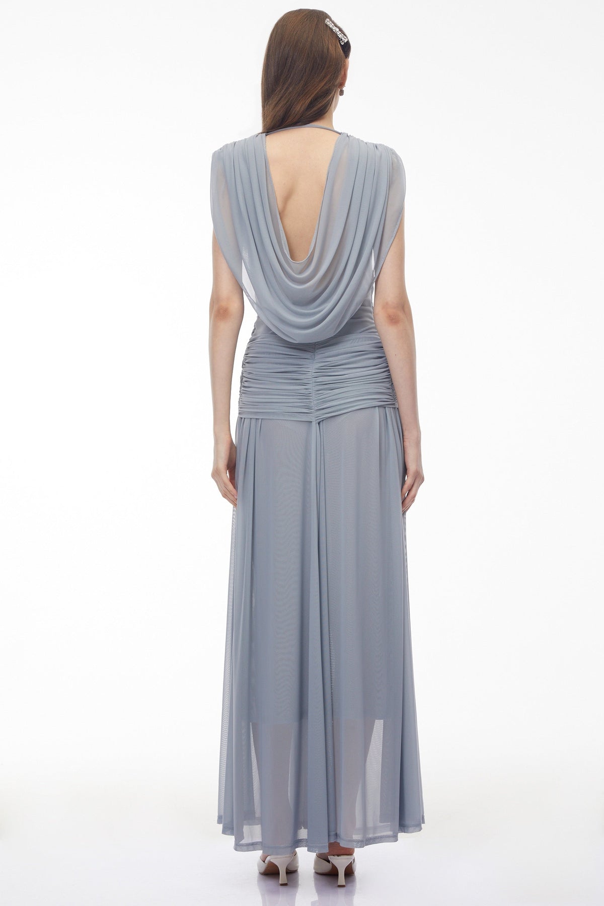 Quiana Slate Blue V-Neck Cross Front Ruched Maxi Dress
