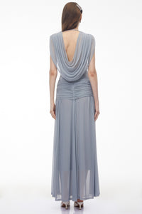 Quiana Slate Blue V-Neck Cross Front Ruched Maxi Dress