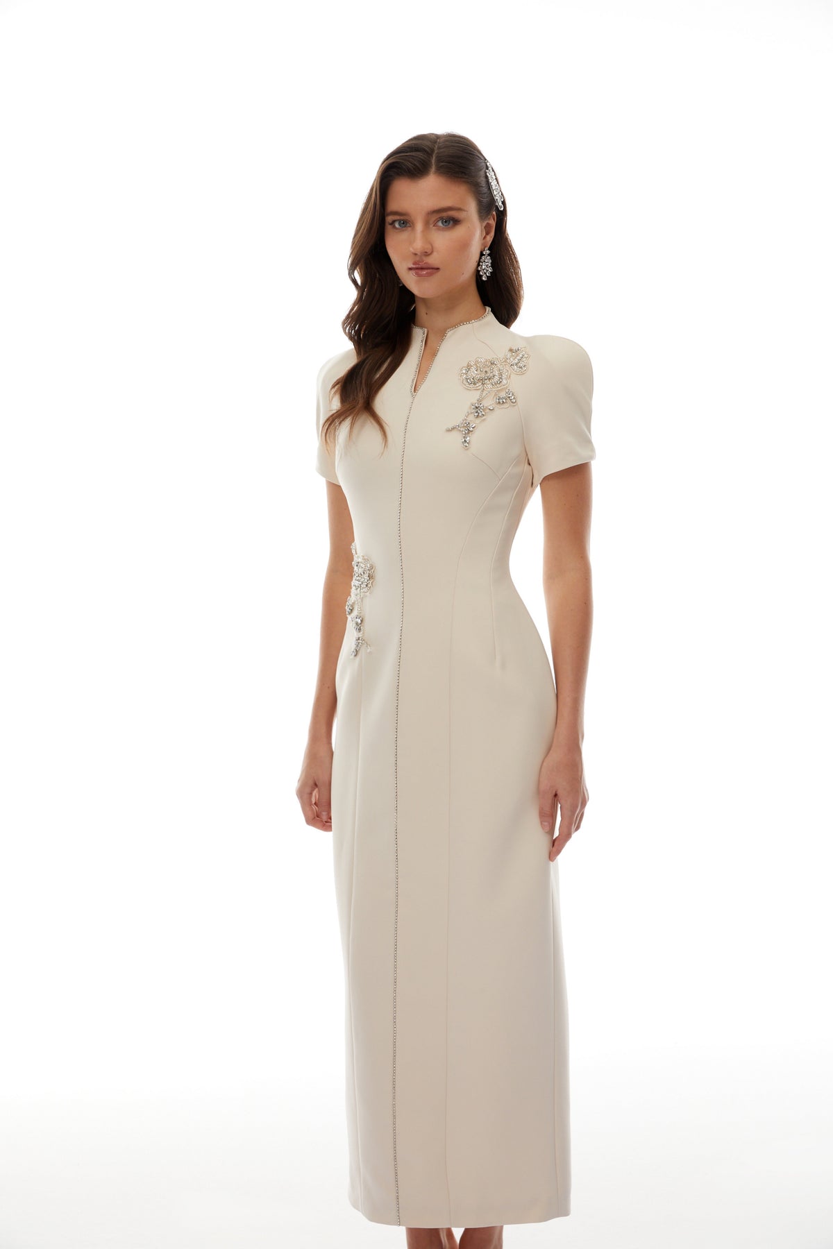 Quintella Neutral Floral Crystal Midi Dress