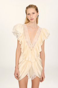 Nani Cream Plunge Neck Satin Jumpsuit with Lace Panels