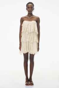 Rachel Beige Tiered Mini Dress with Lace Trim