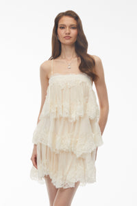 Rachel Beige Tiered Mini Dress with Lace Trim